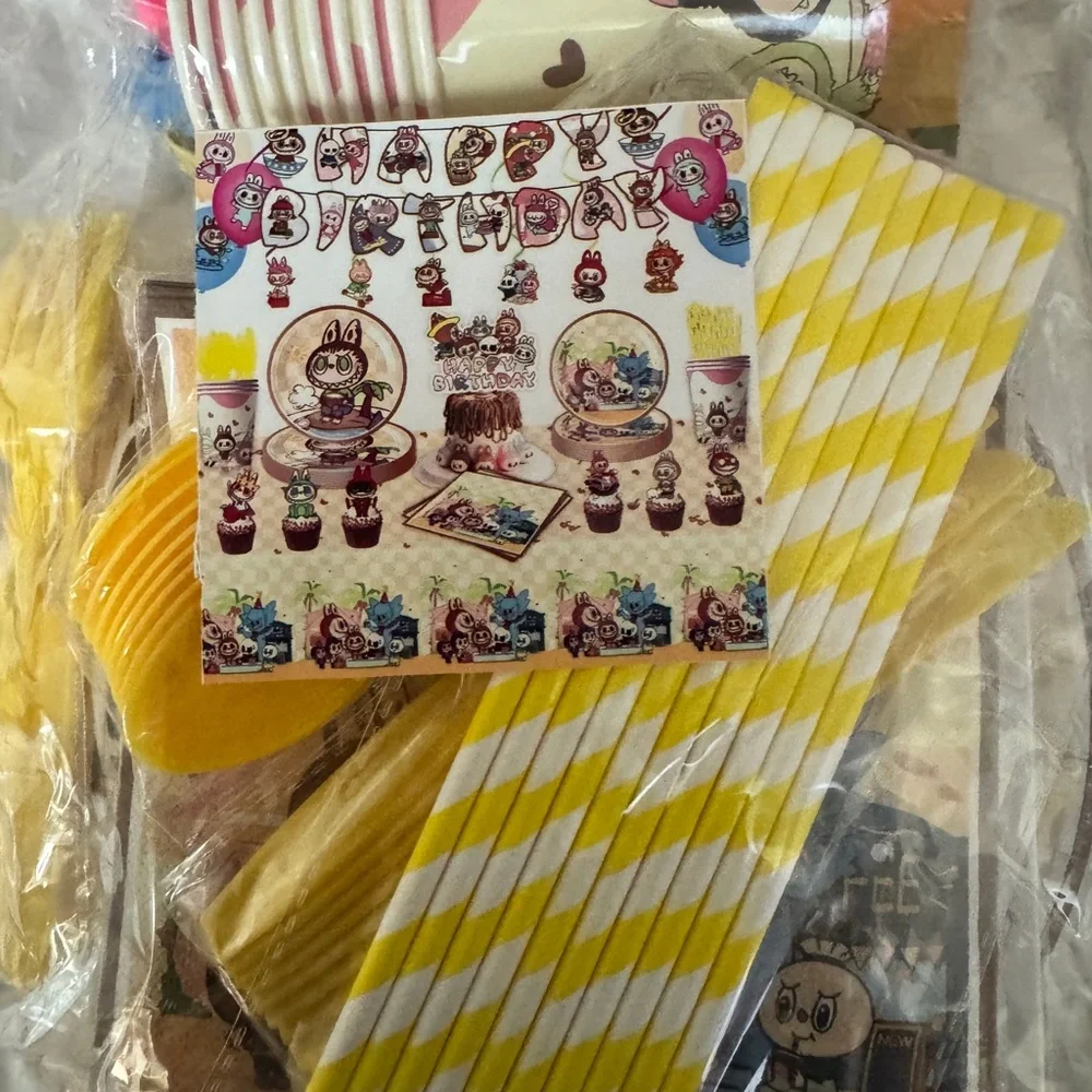 Yellow and White Striped Party Supplies Set- 141 pieces